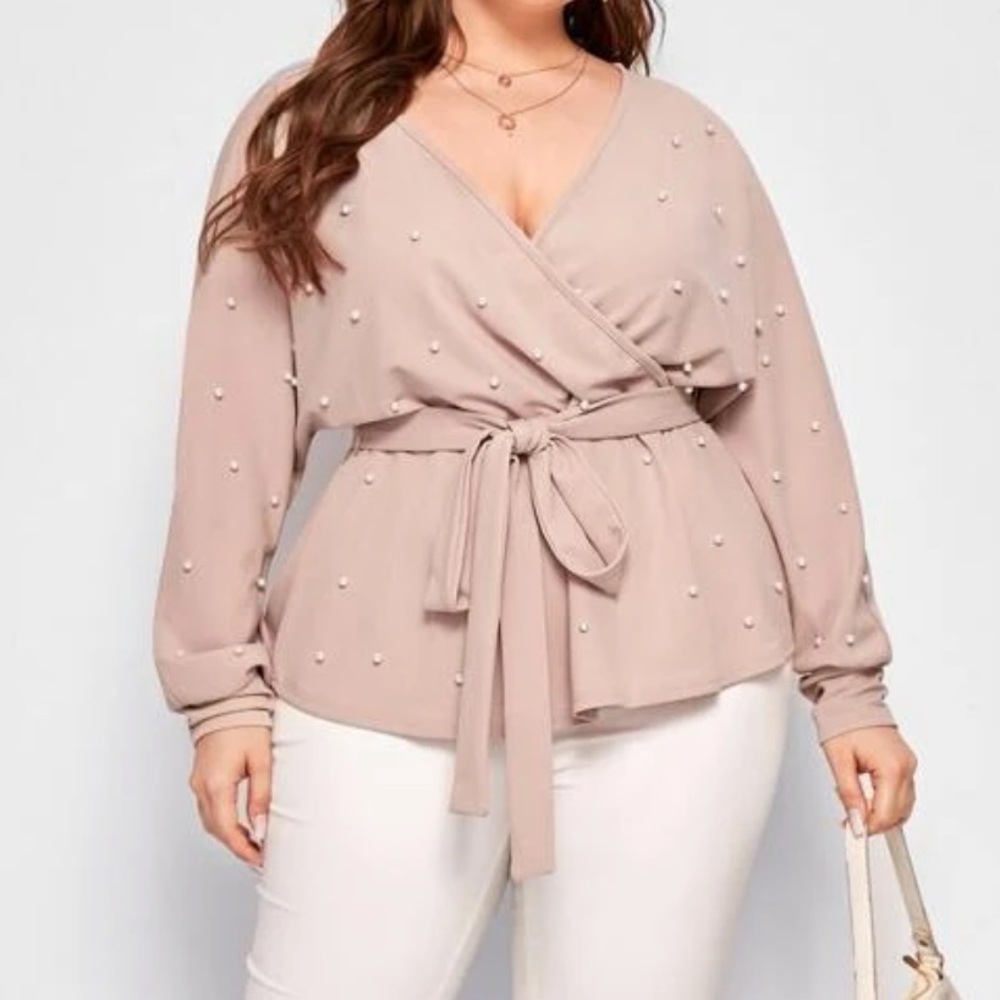 dolman sleeve, belted blouse with pearls